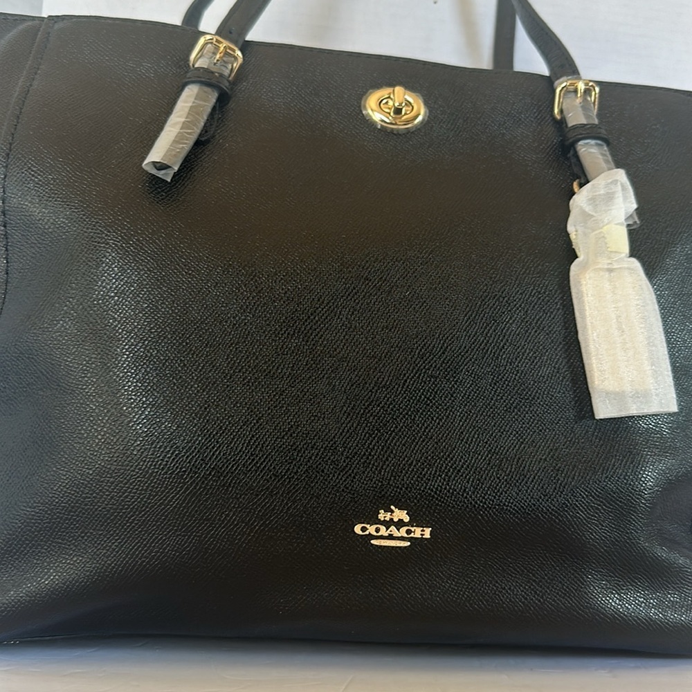 NWT Coach Turnlock Tote Black Crossgrain Leather Large Shoulder Bag Purse - Picture 2 of 12